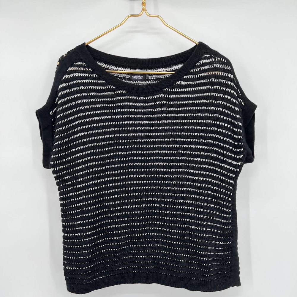 Kate Spade Saturday Black White Knit Short Sleeve Sweater Top XS